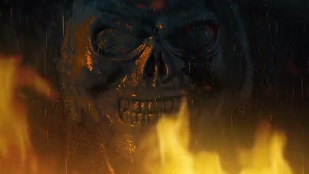 Escena Vudú Estatua Del Cráneo Fuego Lluvia — Vídeo de stock
