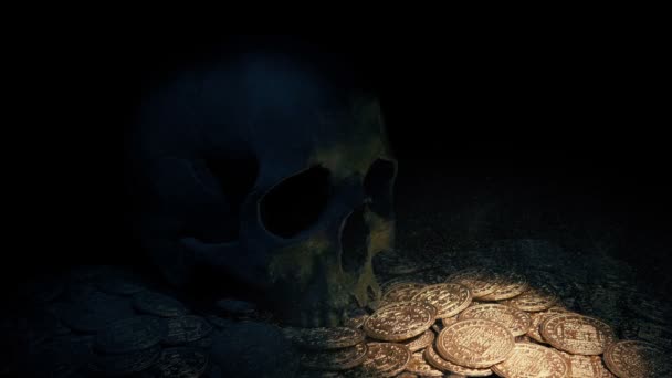 Torch Lights Skull Treasure Coins Swirling Dust — Stock Video