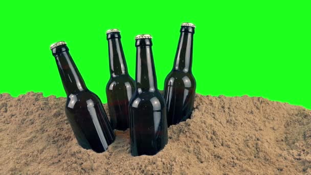 Bottiglie Birra Sulla Spiaggia Greenscreen Isolato — Video Stock