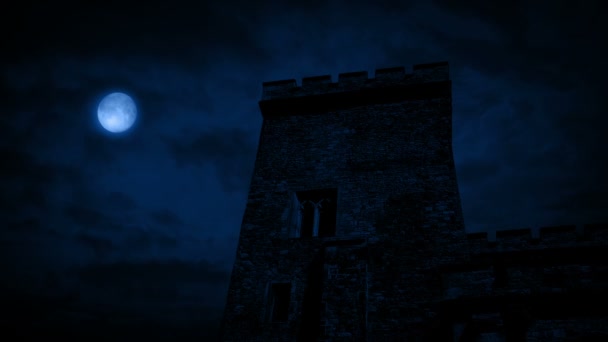 Wieża Zamkowa Nocy Księżycem Nad Nami — Wideo stockowe