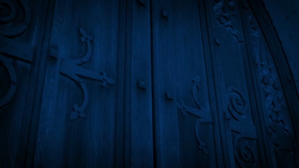 Große Mittelalterliche Tür Bei Nacht — Stockvideo