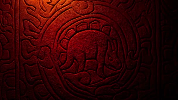 Dinosaur Ancient Rock Carving Fire Glow — Stock Video