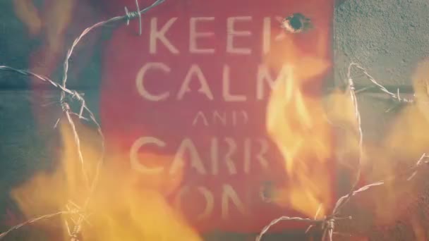 Keep Calm Carry Sign Fire Smoke — Stock Video