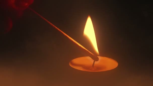 Man Lights Small Candle Church Burns Blowwn — Stock video