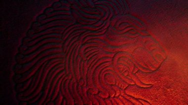 Lion Stone Carving Lit Up With Dust Swirling