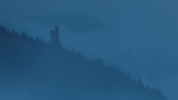 Rainfall Misty Mountains Castle Tower — Vídeo de stock