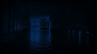 Moving Under Bridge With Water Flowing At Night