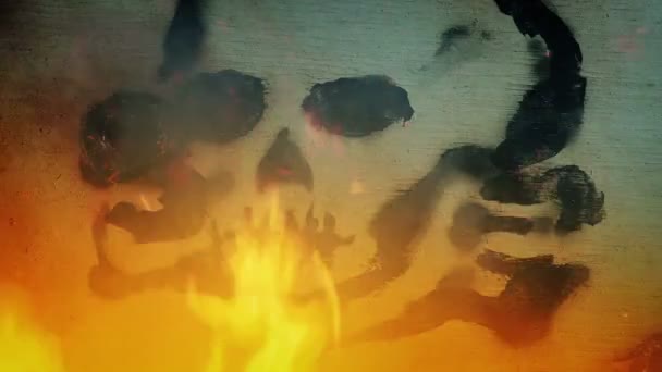 Festett Koponya Szimbólum Épület Oldalán Tűz — Stock videók