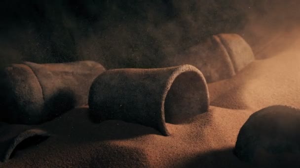 Dusty Cave Opening Ancient Clay Jars — Stockvideo