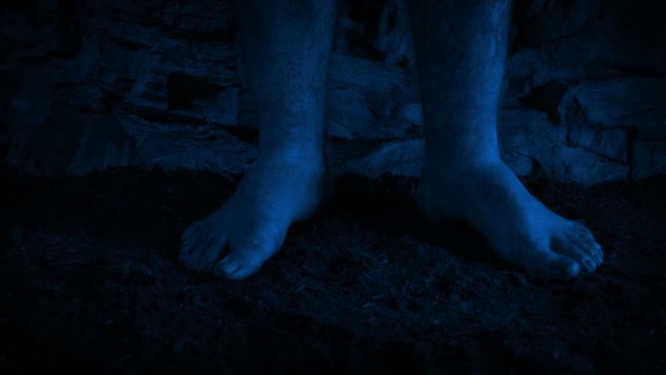 Man Stands Barefoot Dark — Vídeo de stock