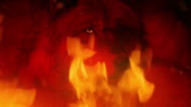 Red Wolf In Fire With Glowing Eyes