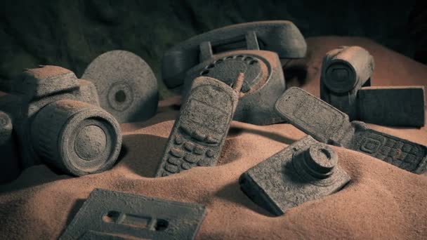 Old Technology Concept Fossilized Tech Items — Stock Video