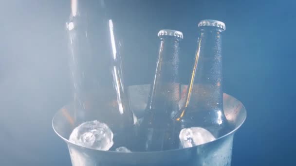 Bierfles Wordt Opgehaald Ijsemmer Damp — Stockvideo