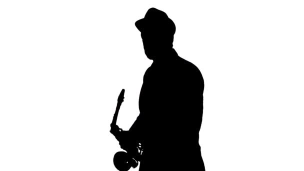 Man Hat Energetically Playing Saxophone Silhouette — Stock Video