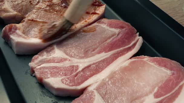 Sauce Pork Chops Tray Taken Table — Stock Video