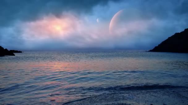 Fantasy Ocean Landscape Sunrise Two Moons — Stok Video