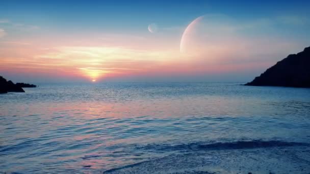 Захід Сонця Чужій Планеті Двома Місяцями — стокове відео