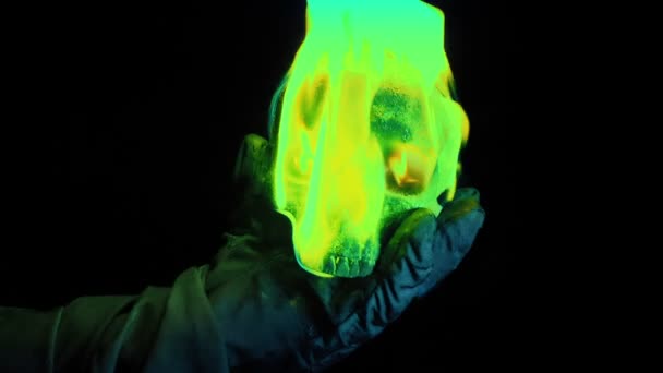 Wizard Throws Green Fire Skull Camera — Vídeos de Stock