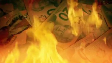 Canadian 20 Dollar Bills Rotating In Fire