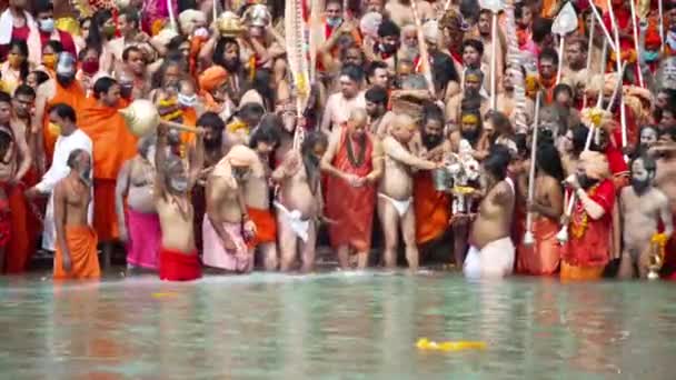 Kumbh Mela Haridwar Índia. Sadhus ou Santos de Akharas adorando o Ganges Sagrado ou rio Ganga. Maçãs 422 Cinetona 60fps. — Vídeo de Stock