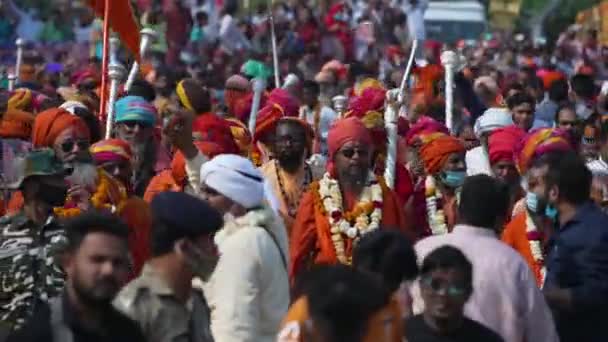 Indian saints or sadhus at Indian largest gathering religious Festival Kumbh Mela, Haridwar India, Appleprores 422, Cinetone — Stock Video