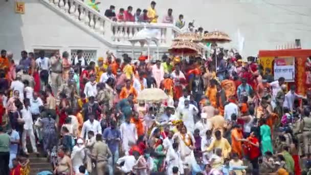 Kumbh Mela Haridwar India. Sadhus or Saints of Akharas, Kinnars taking bath in Holy Water of River Ganges. Appleprores 422 Cinetone 60fps — Stock Video