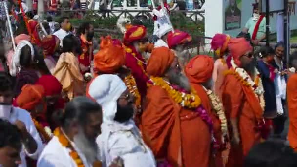 Santos indios o sadhus en la reunión religiosa más grande de la India Festival Kumbh Mela, Haridwar India, Appleprores 422, Cinetone — Vídeos de Stock