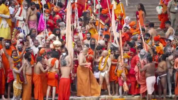 Kumbh Mela Haridwar Indien. Sadhus oder Heilige von Akharas, die den Heiligen Ganges oder den Ganga verehren. Appleprores 422 Cinetone 60fps. — Stockvideo