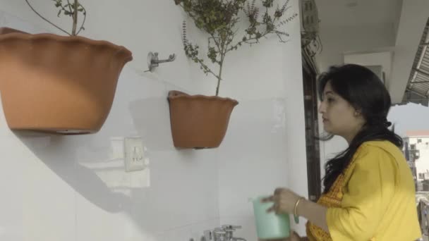 Mujer india regando sus plantas en el balcón de su casa — Vídeo de stock