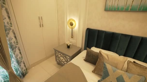 Interior design of bedroom. A lavish designer room. — Stock Video