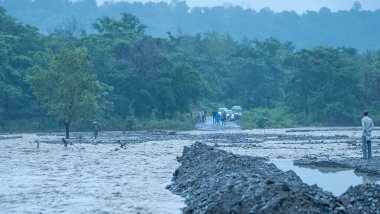 Disaster clouds burst in Himalayas heavy rainfall bridge collapsed. High-quality 4k 60P Apple prores.