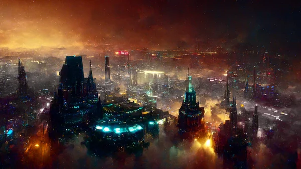 Illustration Aerial Cityscape Futuristic City Cyberpunk Style — Zdjęcie stockowe