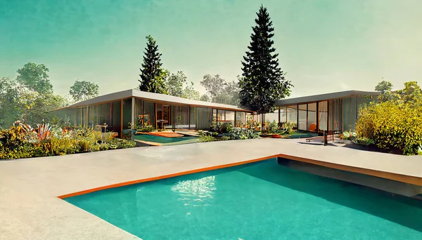 Concept Art Illustration Mid Century Modern House 1960S — Zdjęcie stockowe