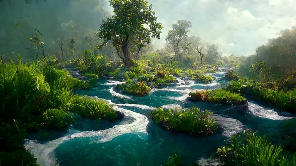 Concept Art Illustration Beautiful Fantasy River Landscape — Φωτογραφία Αρχείου