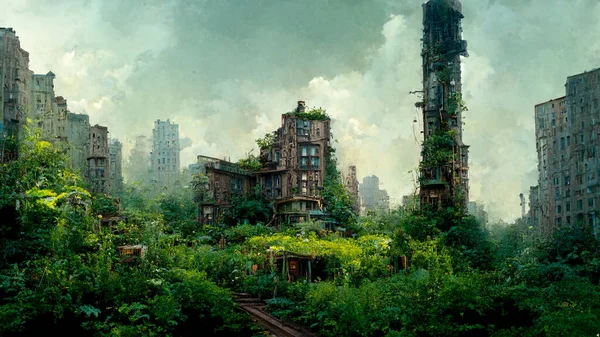 Concept Art Illustration Abandoned Postapocalyptic City Overgrown Lush Vegetation — Zdjęcie stockowe