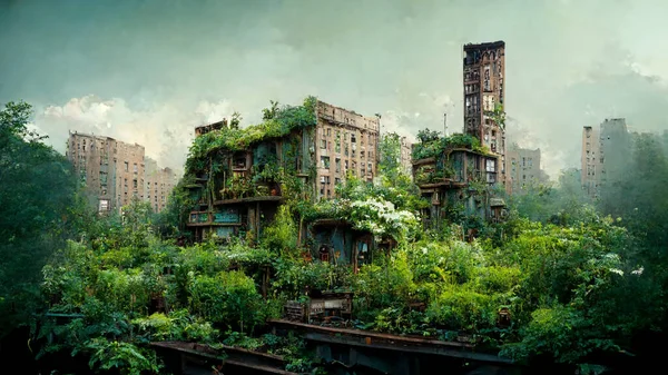 Concept Art Illustration Abandoned Postapocalyptic City Overgrown Lush Vegetation — Zdjęcie stockowe