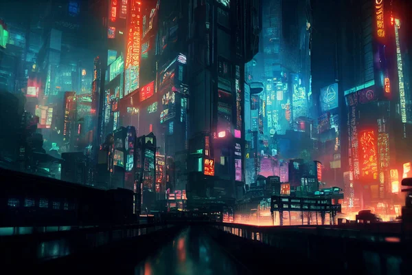 Concept Art Ilustracja Pejzażu Miasta Azjatyckiego Cyberpunk Miasta Nocy — Zdjęcie stockowe