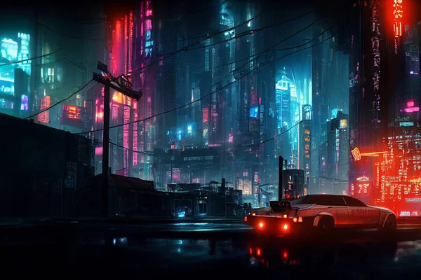 Concept Art Ilustracja Pejzażu Miasta Azjatyckiego Cyberpunk Miasta Nocy — Zdjęcie stockowe