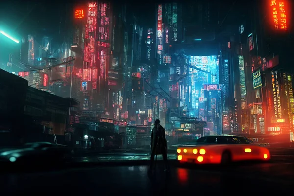 Concept Art Ilustracja Pejzażu Miasta Azjatyckiego Cyberpunk Miasta Nocy — Zdjęcie stockowe