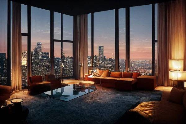 Modernes Interieur Luxus Penthouse Wohnung New York City Illustration — Stockfoto