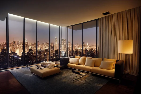 Konzeptkunst Illustration Von Luxus Penthouse Wohnzimmer Interieur New York City — Stockfoto