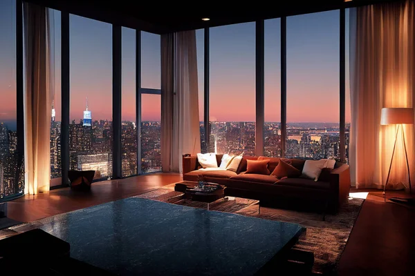 Concept Art Ilustracja Luksusowego Penthouse Wnętrza Pokoju Dziennego Nowym Jorku — Zdjęcie stockowe