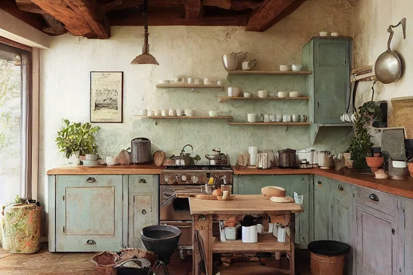 乡村厨房室内设计的概念艺术图解 — 图库照片