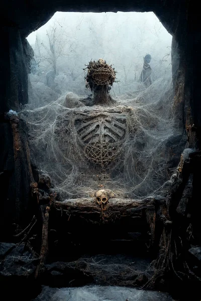 Concept Art Illustration King Skeletons Throne Dungeon — Stock Photo, Image