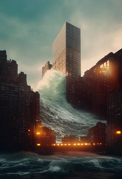 Koncepcja Sztuki Ilustracja Fali Tsunami Miażdżącej Wieżowiec Mieście — Zdjęcie stockowe