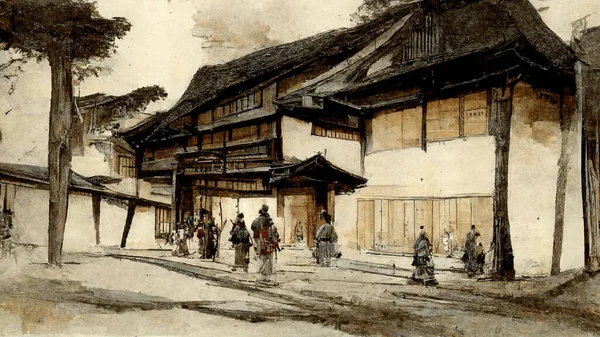 Feodal Japon Köyünün Resmi — Stok fotoğraf