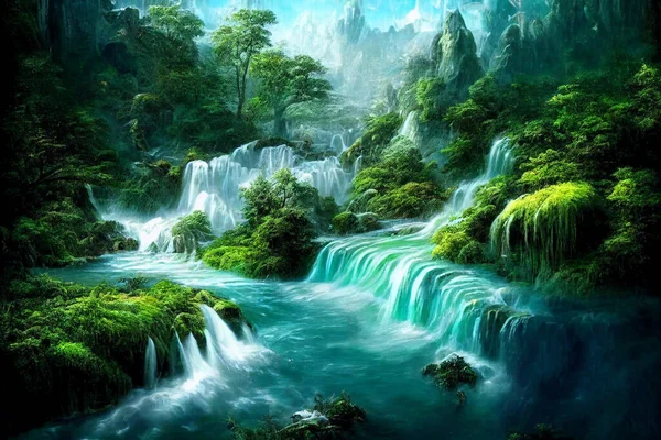 Illustration Beautiful Fantasy River Landscape Waterfalls — Stock Photo, Image