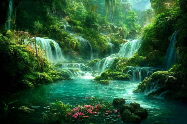 Illustrazione Bellissimo Fiume Fantasy Una Giungla Lussureggiante Con Cascate — Foto Stock