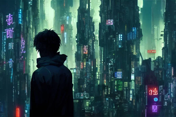 Concetto Arte Illustrazione Uomo Asiatico Cyberpunk Città Notte — Foto Stock