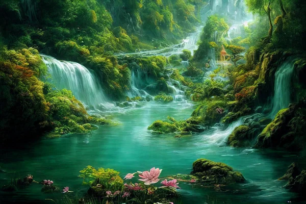 Εικονογράφηση Του Όμορφου Ποταμού Φαντασίας Στην Πλούσια Ζούγκλα Καταρράκτες — Φωτογραφία Αρχείου